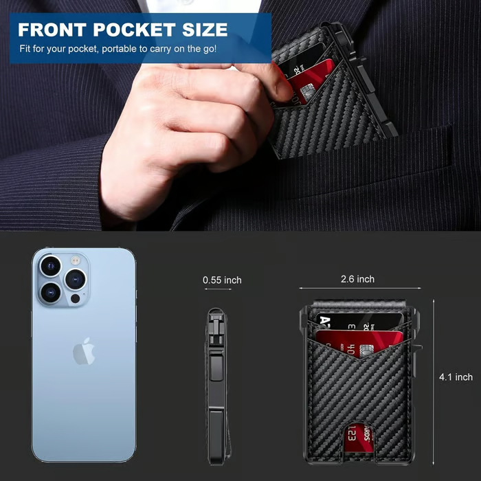 Wallet for Men - with Pop Up Aluminum Case Money Clip Slim Leather Slots Credit Card Holder RFID Blocking Bifold Minimalist Wallet