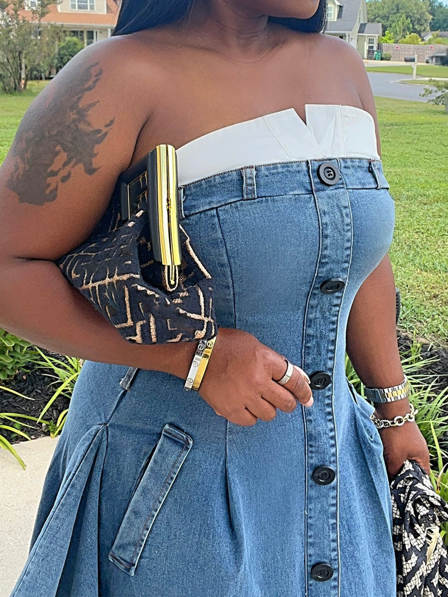 Strapless With Contrast Neck Denim Dress