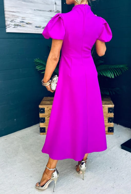Elegant Solid Color Puff Sleeve Dress