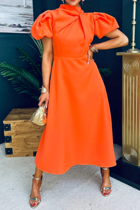 Elegant Solid Color Puff Sleeve Dress