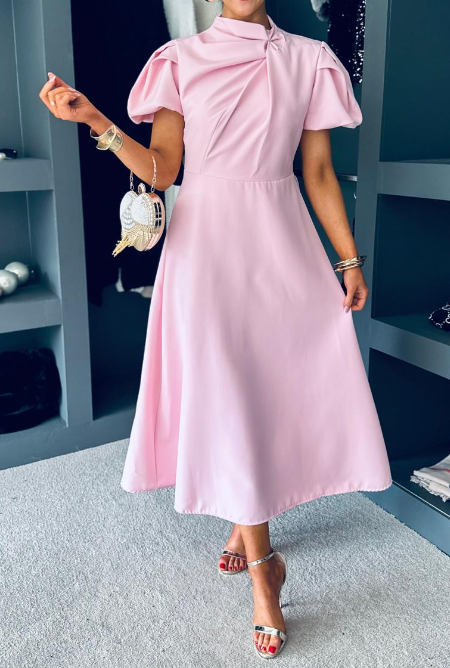 Elegant Solid Color Puff Sleeve Dress