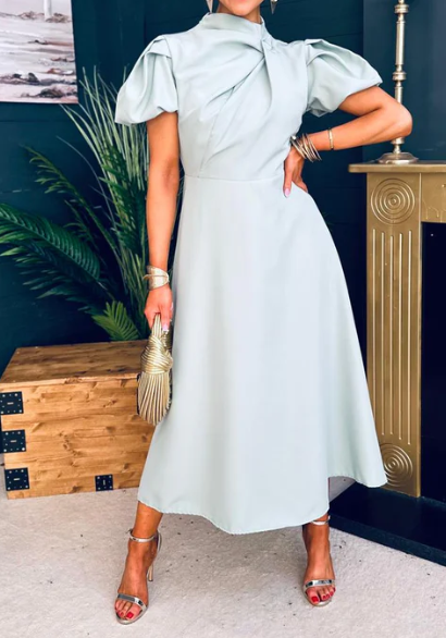 Elegant Solid Color Puff Sleeve Dress