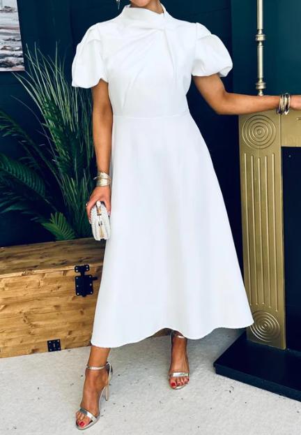 Elegant Solid Color Puff Sleeve Dress