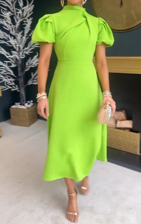 Elegant Solid Color Puff Sleeve Dress