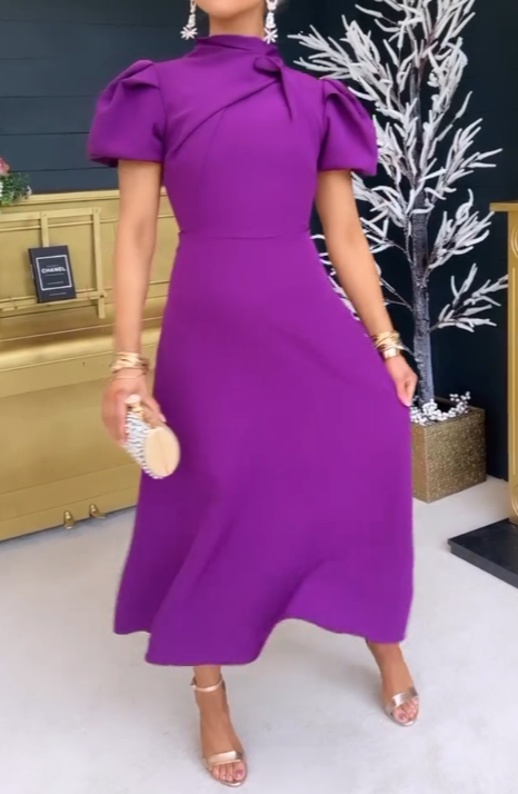 Elegant Solid Color Puff Sleeve Dress