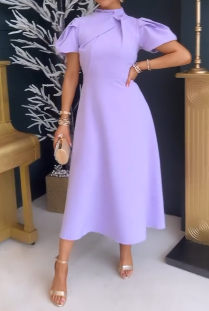 Elegant Solid Color Puff Sleeve Dress