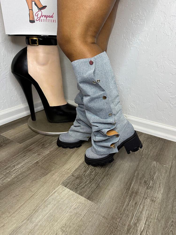 Detachable denim mid-calf boots