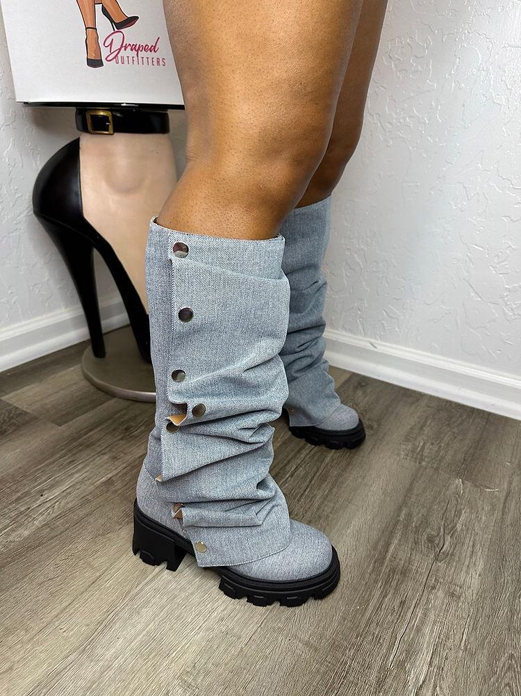Detachable denim mid-calf boots