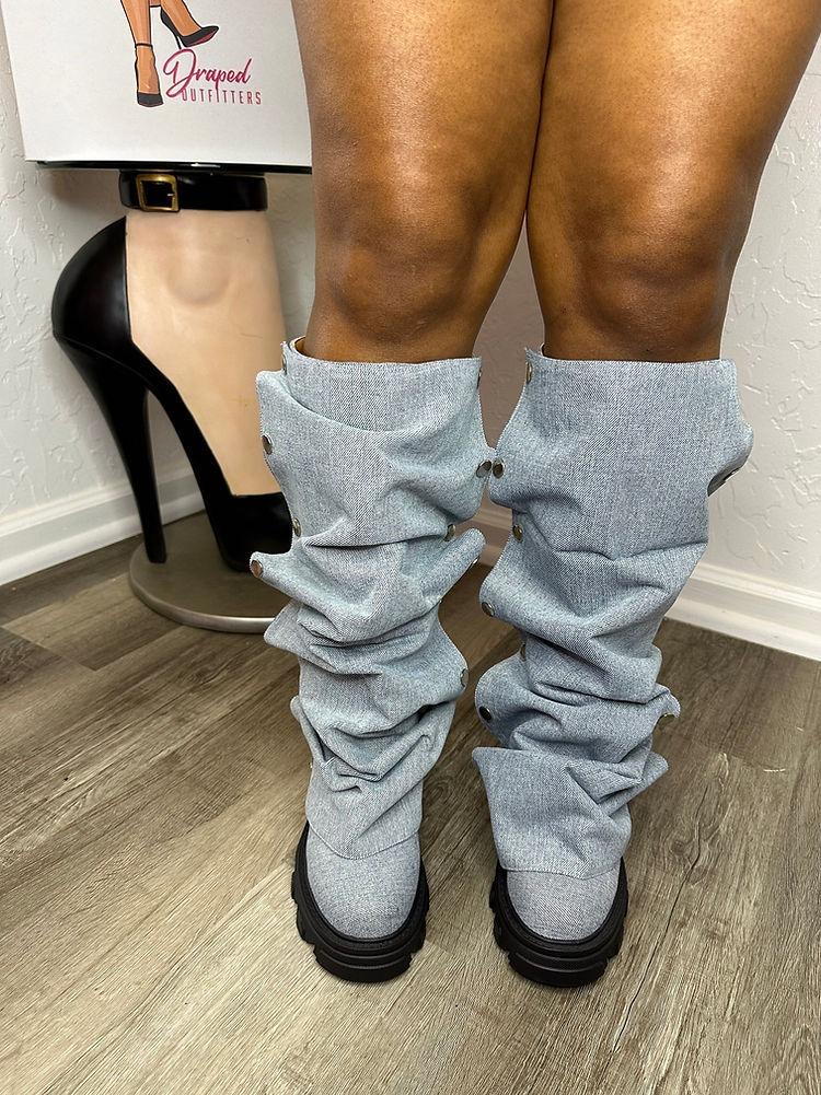 Detachable denim mid-calf boots