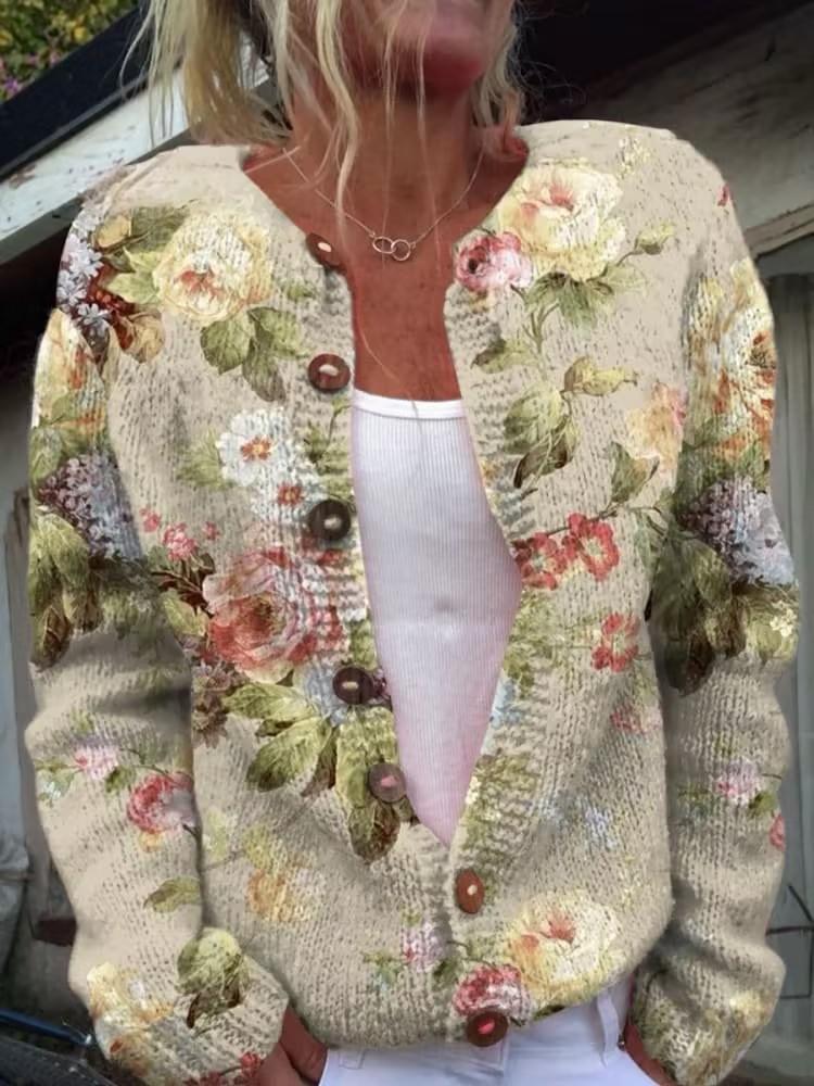 Green Floral Print Collarless Long Sleeve Cardigan