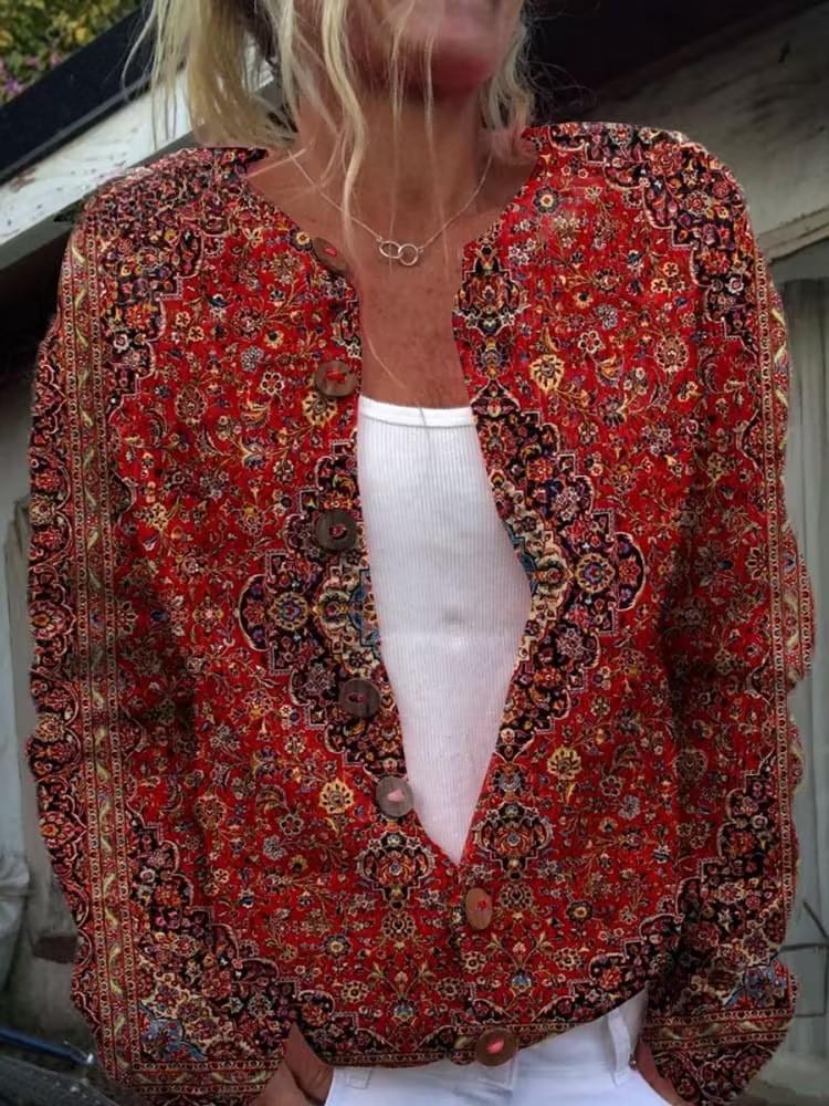 Green Floral Print Collarless Long Sleeve Cardigan