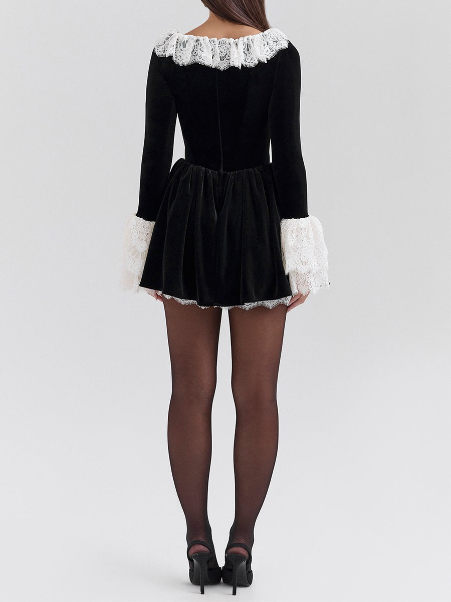 Lace Patchwork Square Collar Mini Dress