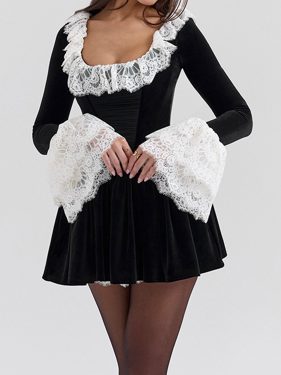 Lace Patchwork Square Collar Mini Dress