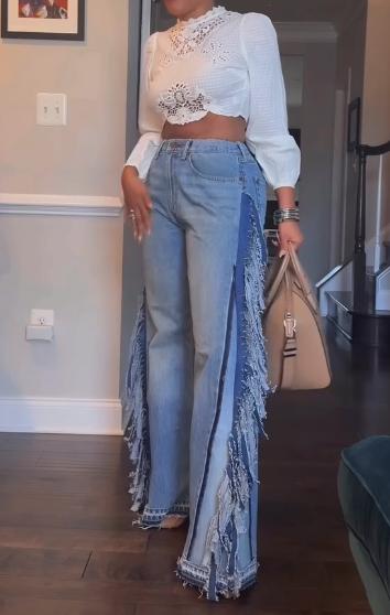 Blue Denim Fringed Destroyed Pants