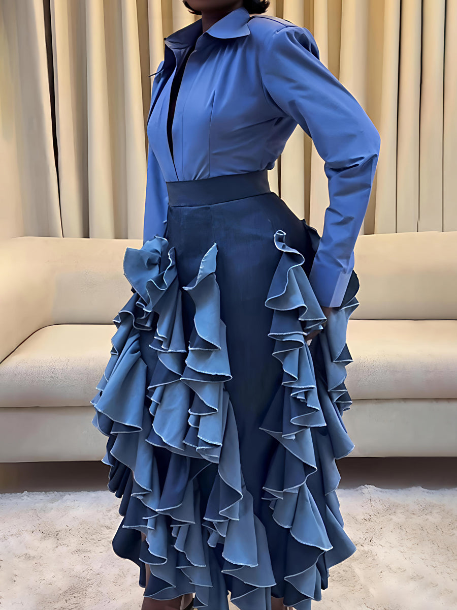 Denim High Waist Flouced Slit Hem Skirt