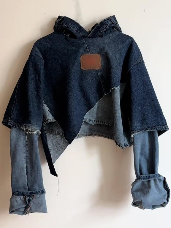 Patch Denim Hooded Top