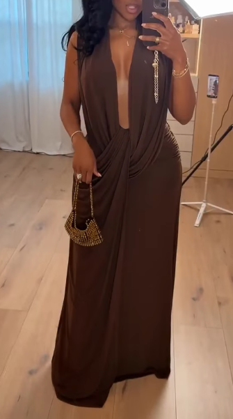 Chocolate Extreme-Plunge Neck Maxi Dress