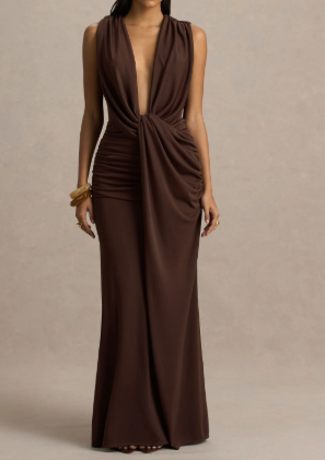 Chocolate Extreme-Plunge Neck Maxi Dress