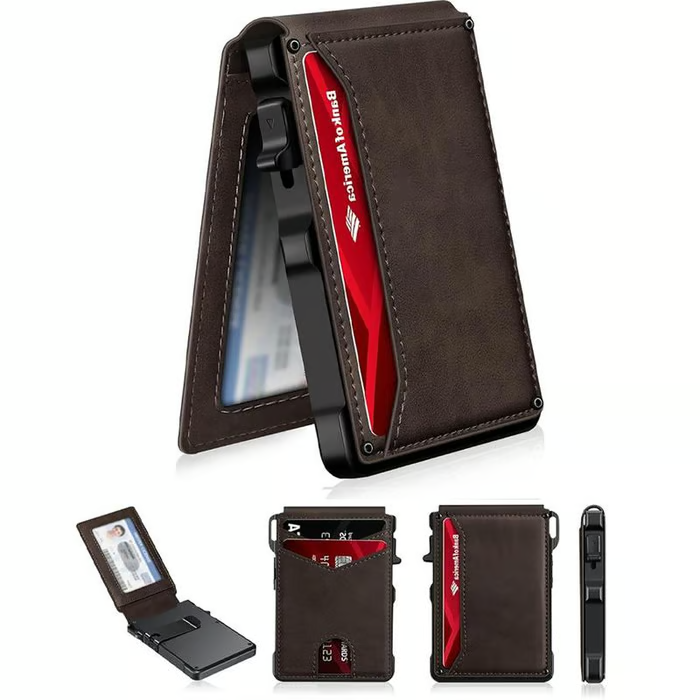 Wallet for Men - with Pop Up Aluminum Case Money Clip Slim Leather Slots Credit Card Holder RFID Blocking Bifold Minimalist Wallet