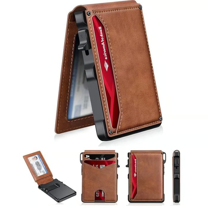 Wallet for Men - with Pop Up Aluminum Case Money Clip Slim Leather Slots Credit Card Holder RFID Blocking Bifold Minimalist Wallet