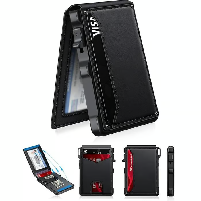 Wallet for Men - with Pop Up Aluminum Case Money Clip Slim Leather Slots Credit Card Holder RFID Blocking Bifold Minimalist Wallet
