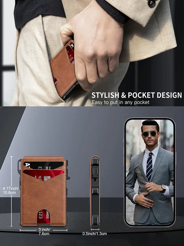 Wallet for Men - with Pop Up Aluminum Case Money Clip Slim Leather Slots Credit Card Holder RFID Blocking Bifold Minimalist Wallet