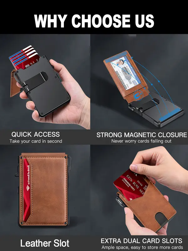 Wallet for Men - with Pop Up Aluminum Case Money Clip Slim Leather Slots Credit Card Holder RFID Blocking Bifold Minimalist Wallet