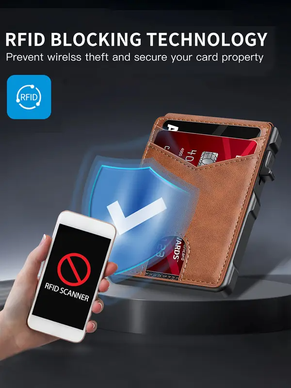 Wallet for Men - with Pop Up Aluminum Case Money Clip Slim Leather Slots Credit Card Holder RFID Blocking Bifold Minimalist Wallet