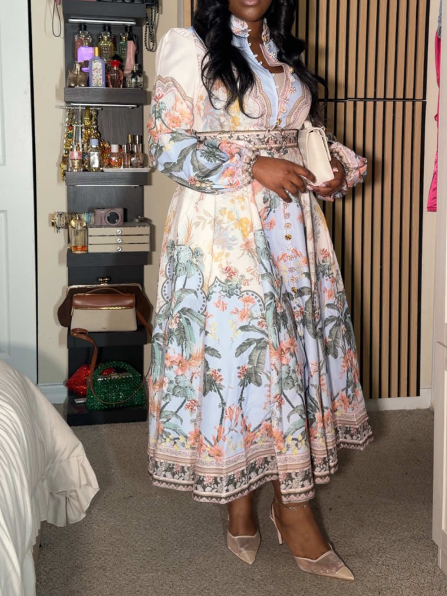 Printed Stand Collar Button Dress