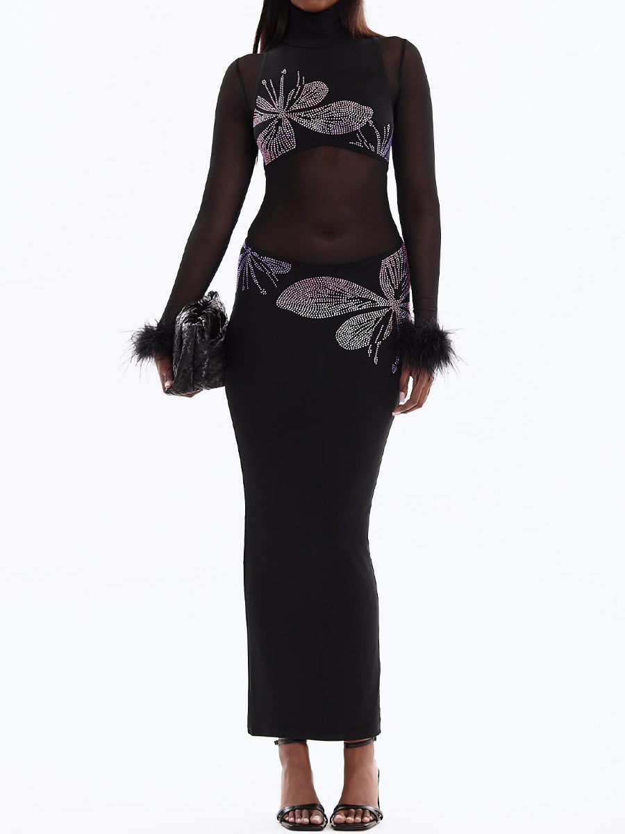 Hot Drilling See-through Feathered Cuffs Dress