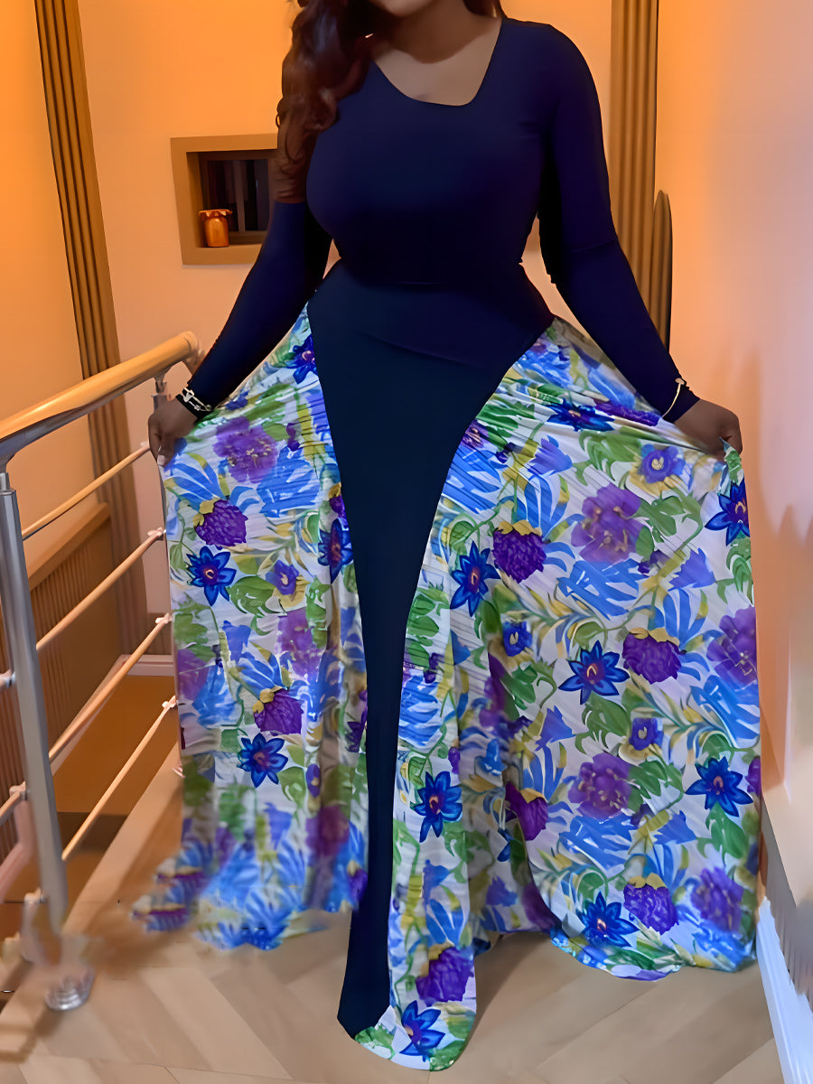 Floral Print Patchwork Long Sleeve Dress