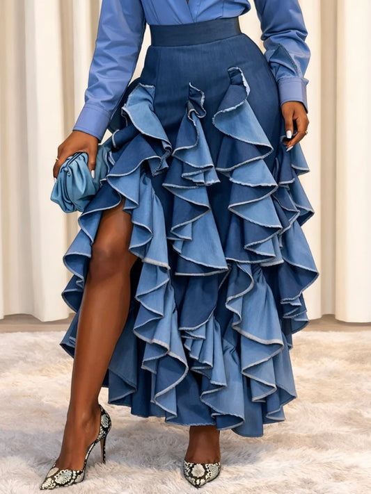 Denim High Waist Flouced Slit Hem Skirt