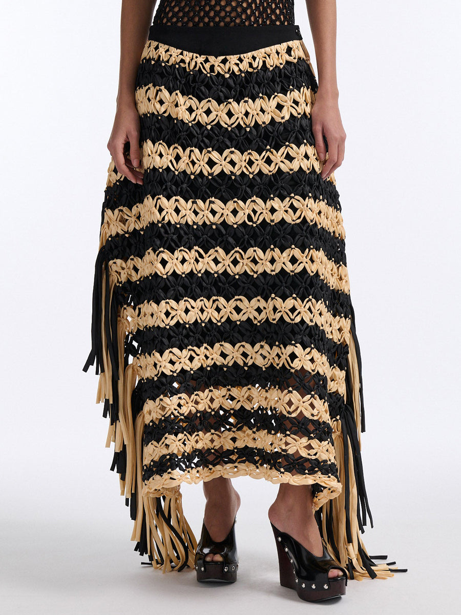 Knotted Fringe Striped Hand-made Mxi Skirt