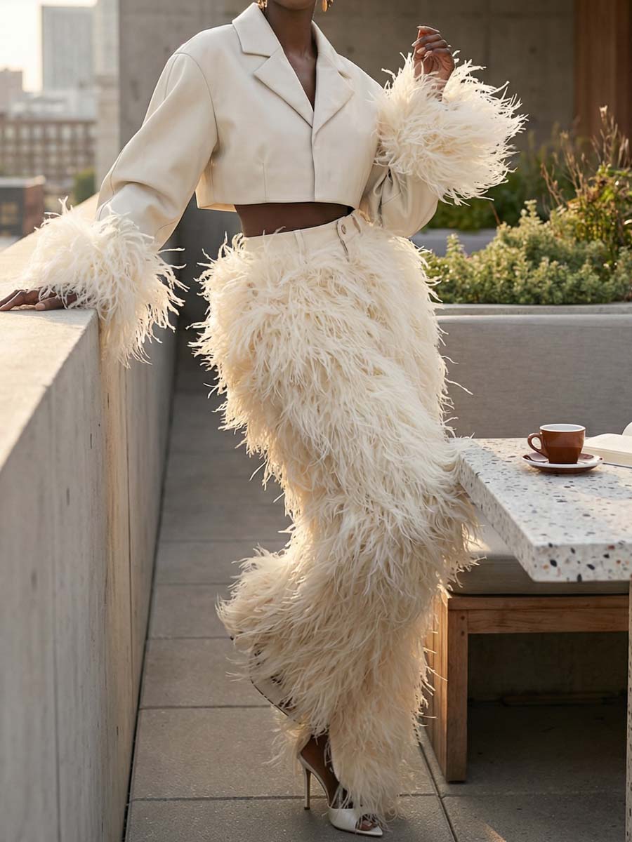 Feather Decoration Fashion Cropped Blazer & Pants