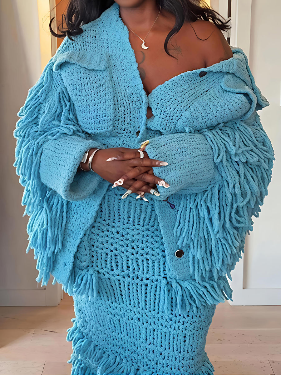 Fringed Knitted Long Sleeve Two Pieces Dress