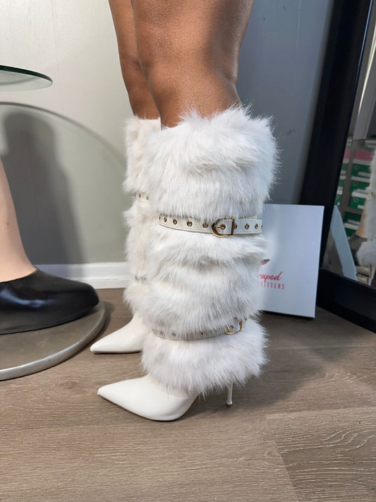 Faux Fur Leather Metallic Buckle Pumps