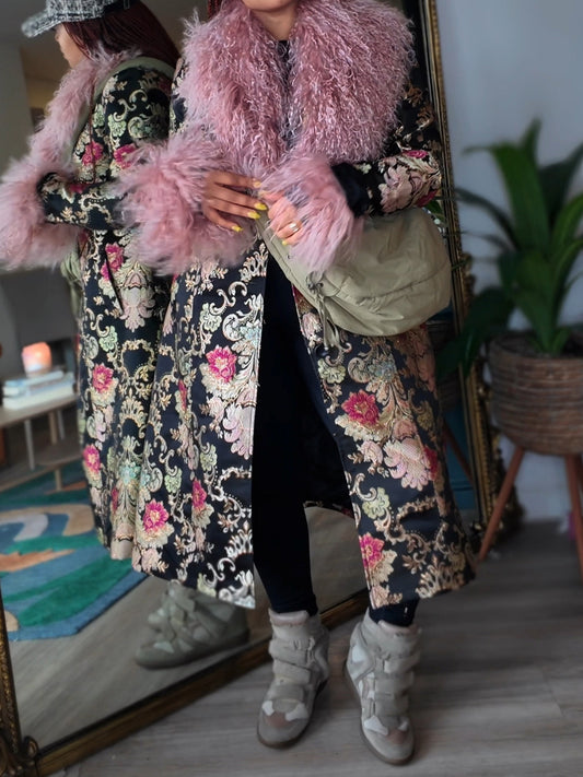 Detachable Faux Fur Patchwork Floral Print Coat