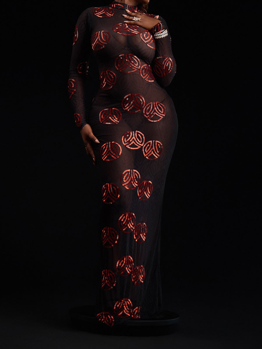 See-through Shinny Flare Sleeve Maxi Dress