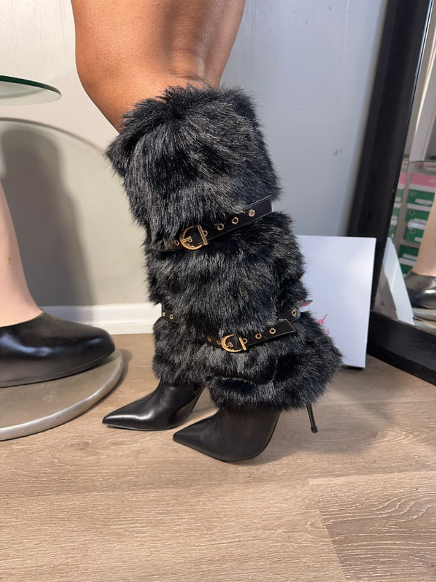 Faux Fur Leather Metallic Buckle Pumps