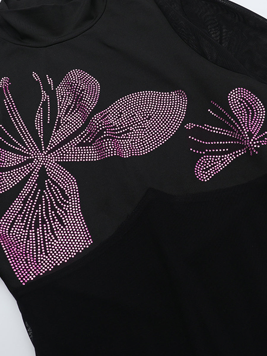 Hot Drilling See-through Feathered Cuffs Dress