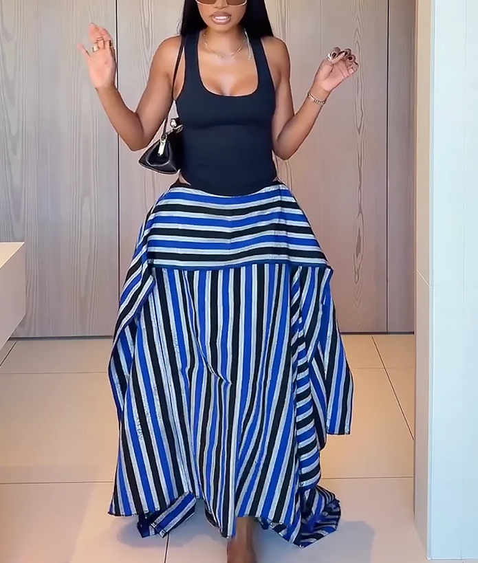 Asymmetric Striped High-Low Maxi Skirt
