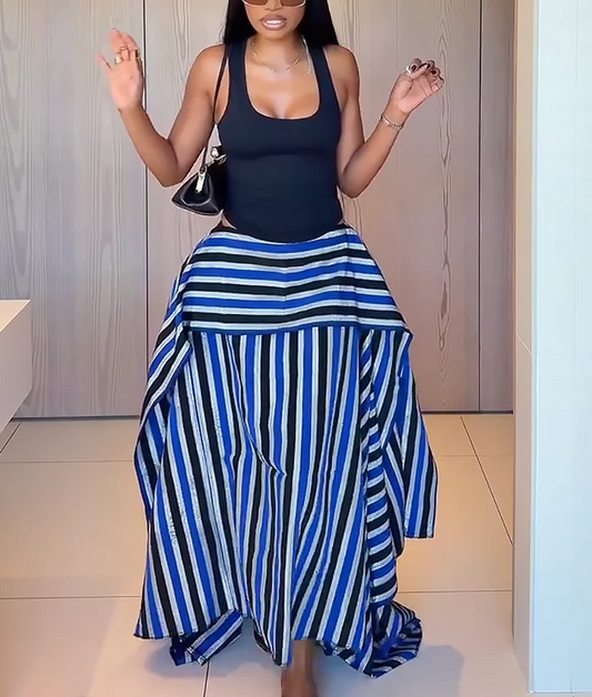 Asymmetric Striped High-Low Maxi Skirt