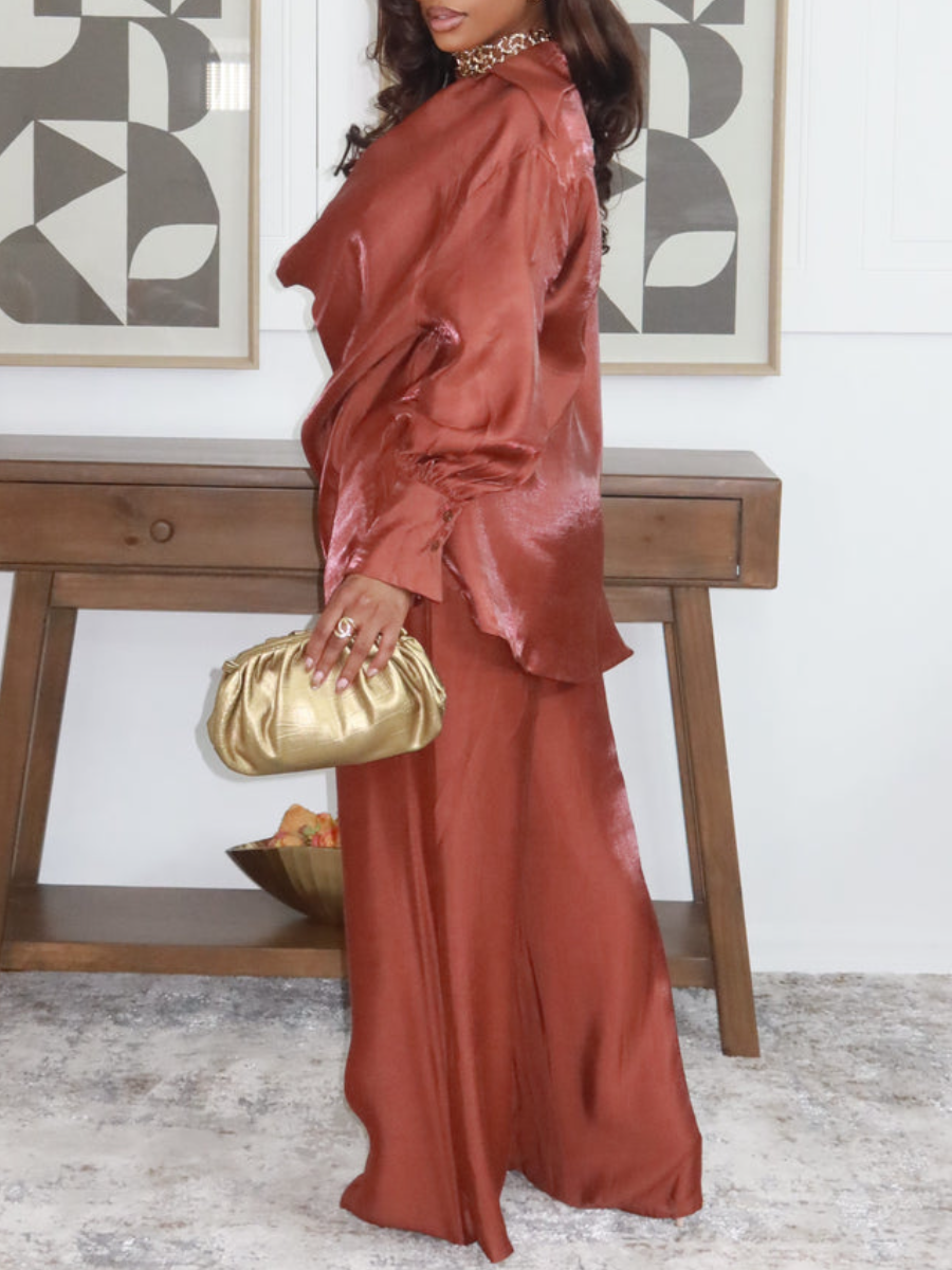 Deep V Neckline Lantern Sleeve Set