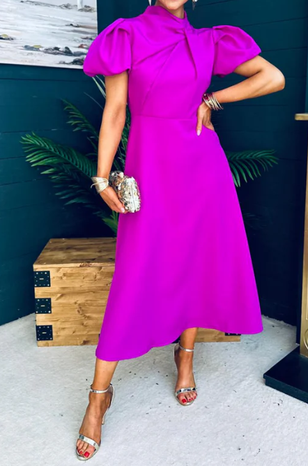 Elegant Solid Color Puff Sleeve Dress
