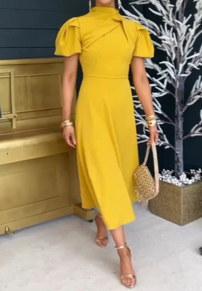 Elegant Solid Color Puff Sleeve Dress