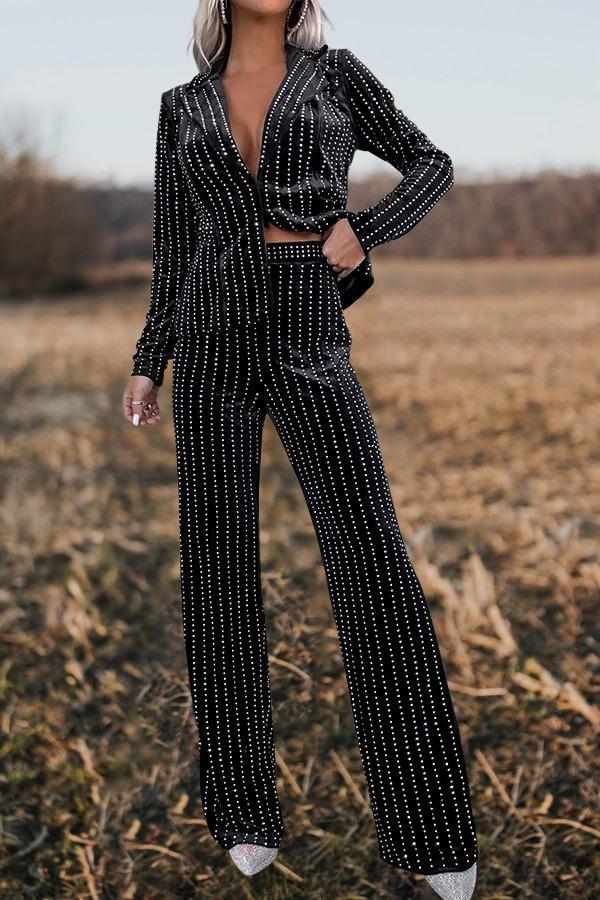 Shiny Studded Goddess Striped Pant Suit