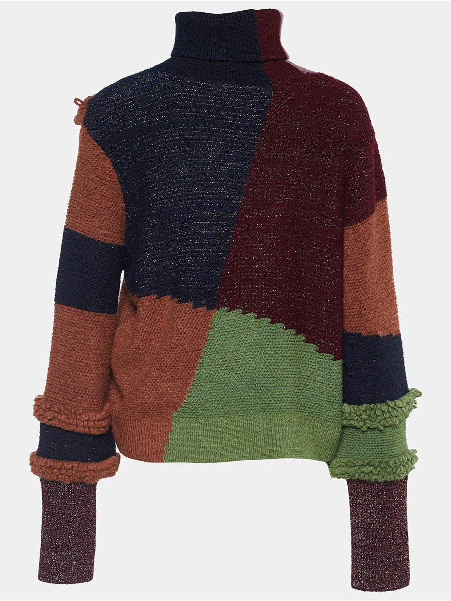 Multicolor Patchwork Knit Turtleneck Sweater