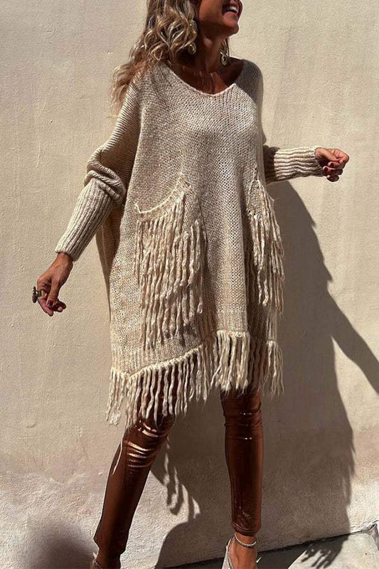 V-Neck Loose Fringed Knit Sweater