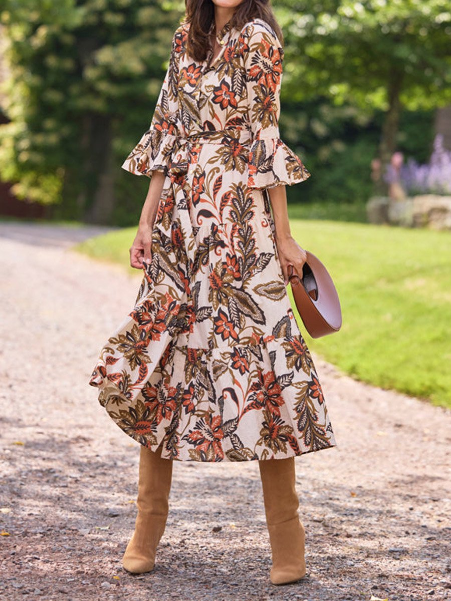 Ruffle Mock Neck Long Sleeve Floral Print Belted Midi A-Line Dress