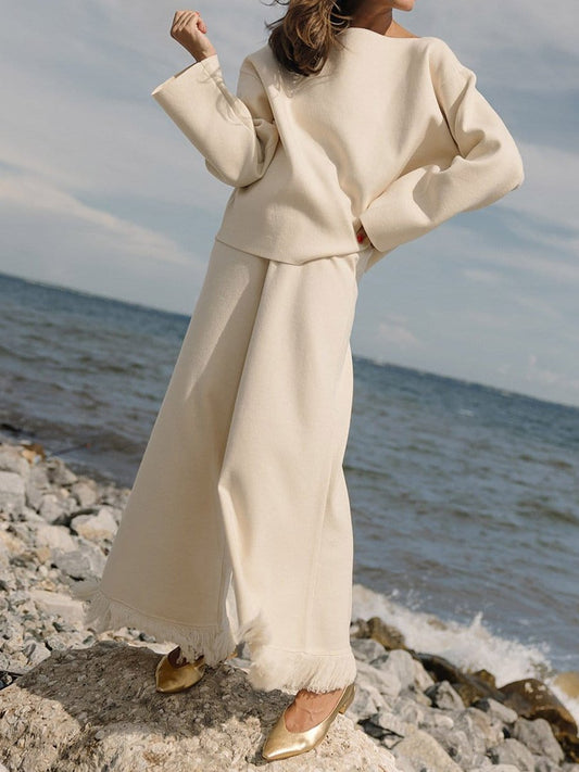 Boat Neck Long Sleeve Sweater & Wide Leg Fringe Pants